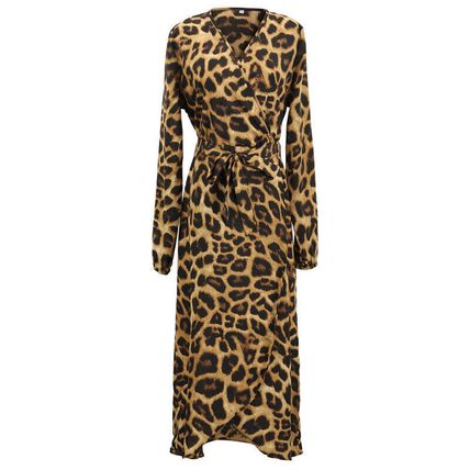 Dress Ladies Party V Neck Sundress Women Leopard Dresses Long Sleeve
