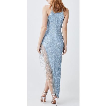 KAREN MILLEN Limited Edition Asymmetric Hem Fringe Halter Midi Dress NEW (RARE)