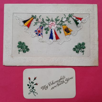 WW1 SILK EMBROIDERED POSTCARD ALLIED FLAG FOUR LEAF CLOVER INSERT POSTED