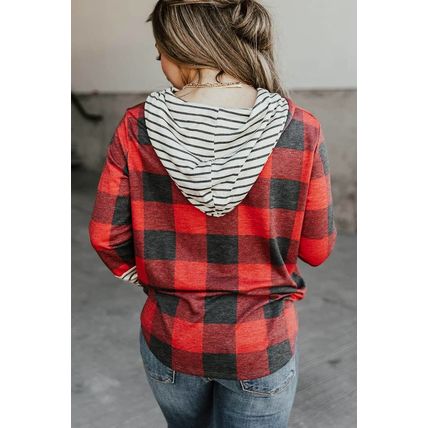 Red Christmas Plaid Striped Patchwork Drawstring Hoodie
