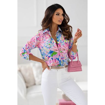 Pink Abstract Floral Print Buttoned Sheath Long Sleeve Shirt