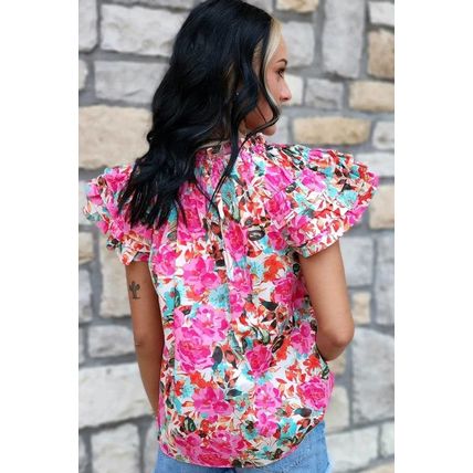 Rose Ruffle Flutter Sleeve Floral Print Blouse