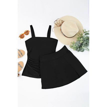Black Solid Square Neck Sleeveless Tankini Swimsuit