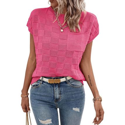 Bright Pink Lattice Textured Knit Short Sleeve Sweater