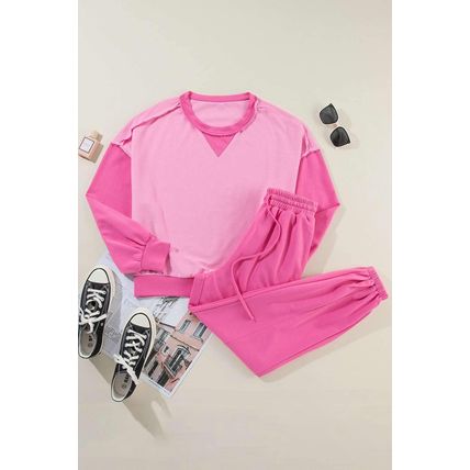 Bonbon Contrast Patchwork Pullover and Drawstring Joggers Set