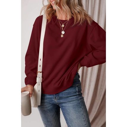 Burgundy Solid Fleece Lined Drop Shoulder Terry Sweatshirt