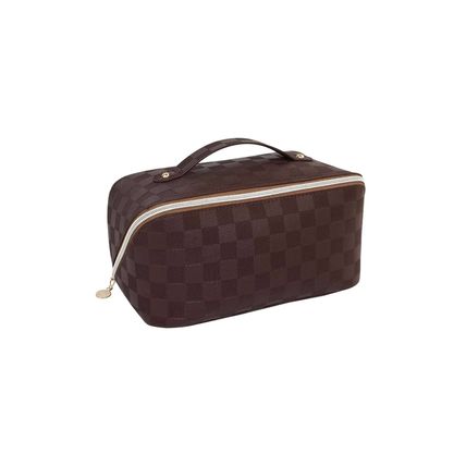 Chestnut Checkered Zipper Handle PU Leather Travel Makeup Bag