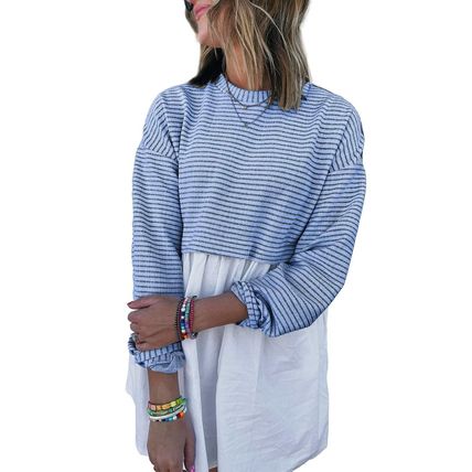 Sky Blue Stripe Patchwork Pleated High Waist Loose Mini Dress