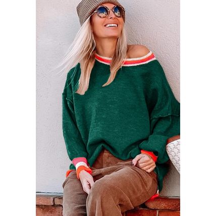 Blackish Green Colorblock Striped Trim Drop Shoulder Sweater