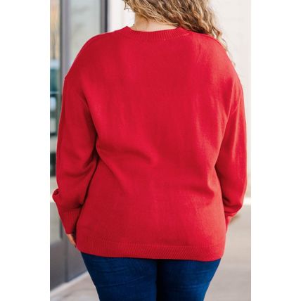 Fiery Red Tinsel merry Pattern Drop Shoulder Plus Size Sweater