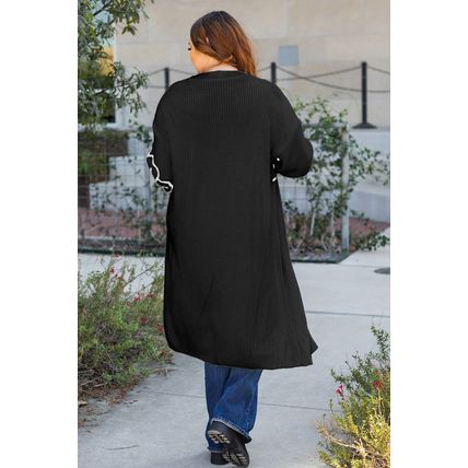 Black Flower Embroidered Drop Shoulder Open Front Duster Cardigan