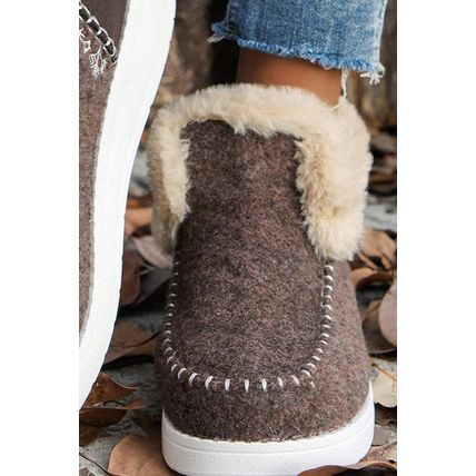 Coffee Suede Stitching Patchwork Plush Lined Anklet Boots
