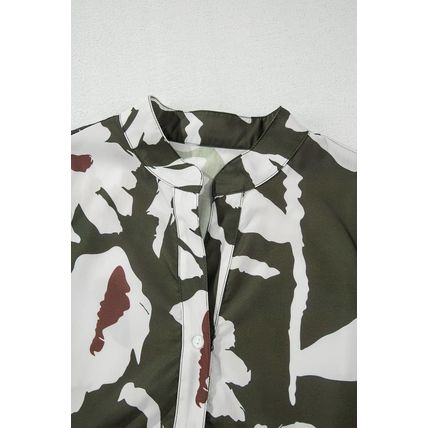 Four Leaf Clover Abstract Floral Print Puff Sleeve Half Button Blouse