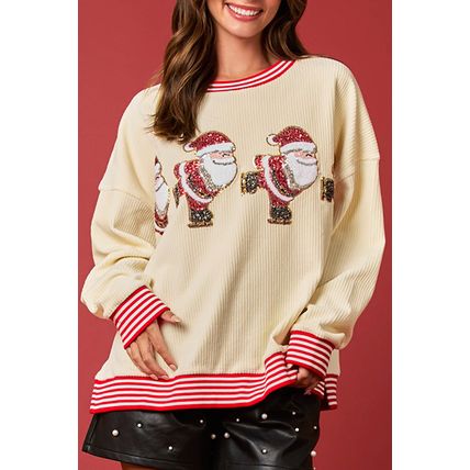 Beige Santa Skiing Graphic Striped Trim Corded Sweatshirt