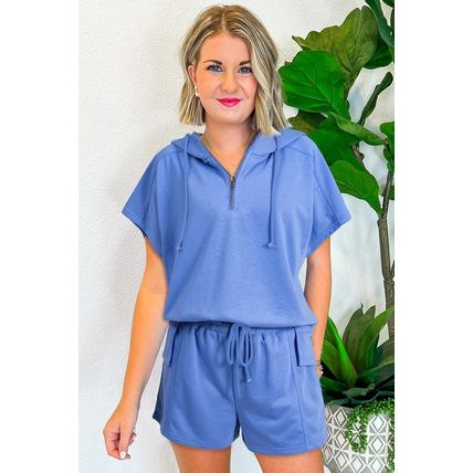Sky Blue Casual Zipped Short Sleeve Hoodie and Shorts Set