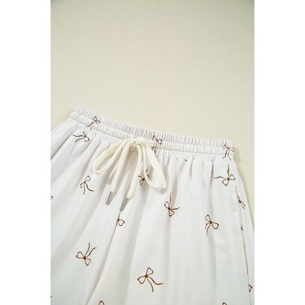 Beige Bow Print Half Zip Tank and Shorts 2pcs Set