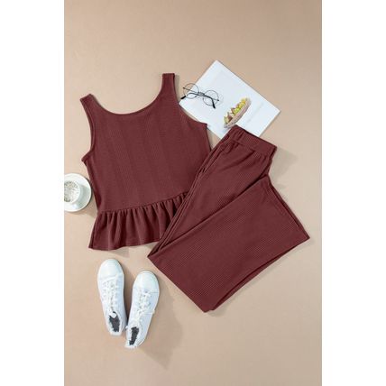 Red Dahlia Solid Color Ribbed Ruffle Tank Top and Pants Set