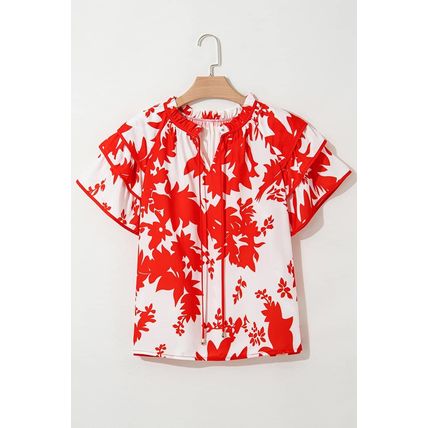 Red Plant Print Tiered Ruffled Sleeve V Neck Blouse