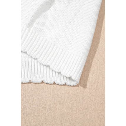 White Pointelle Knit Short Puff Sleeve Crewneck Sweater