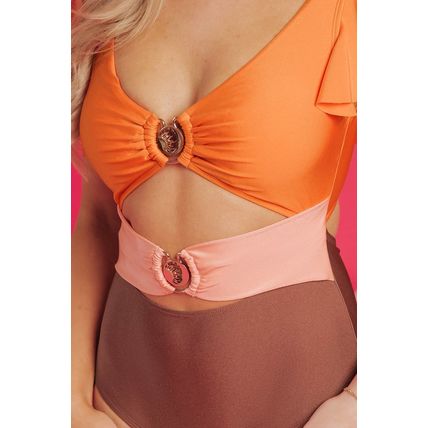 Orange Ruffle Sleeve Tricolor Cutout Front Ring One Piece Swimsuit