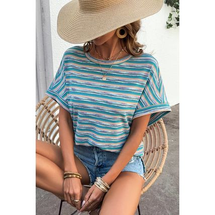 Multicolour Striped Wide Sleeve Loose T Shirt