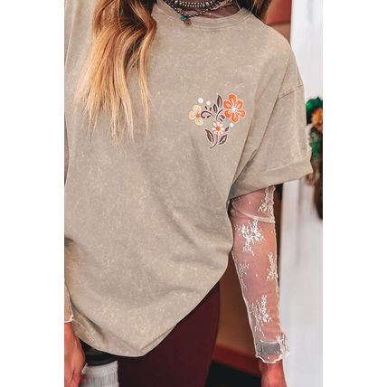 Smoke Gray Mineral Wash Floral Steer Head Printed Back Western Fashion Tee