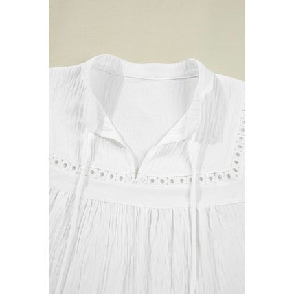 White Drawstring Lace Detail Puff Sleeve Split Neck Spring Fall Blouse