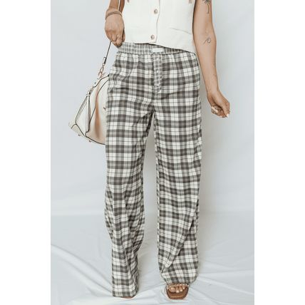 Gray Plaid Wide Leg Casual Pants