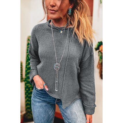 Medium Grey Raw Edge Uneven Hem Patchwork Drop Shoulder Sweater