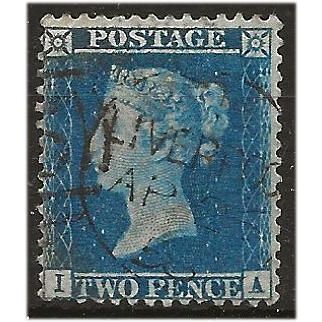 1857 SG35 2d Blue Plate 6 Perf 14 Wmk L Crown Fine Used “IA” Liverpool CDS. .. .