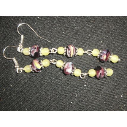 One off blended purple yellow & white glass long swing earrings