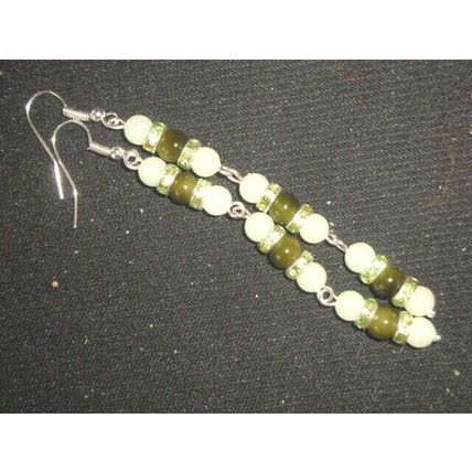 One off avocado & pale tea green crystal glass long drop earrings
