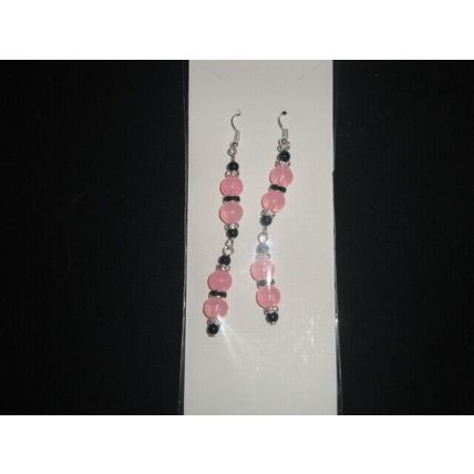 Exquisite clear pink with black glass & clear cryst long drop earrings