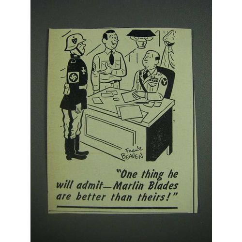 1943 Marlin Blades Ad - cartoon by Frank Beaven - One Thing He Will Admit