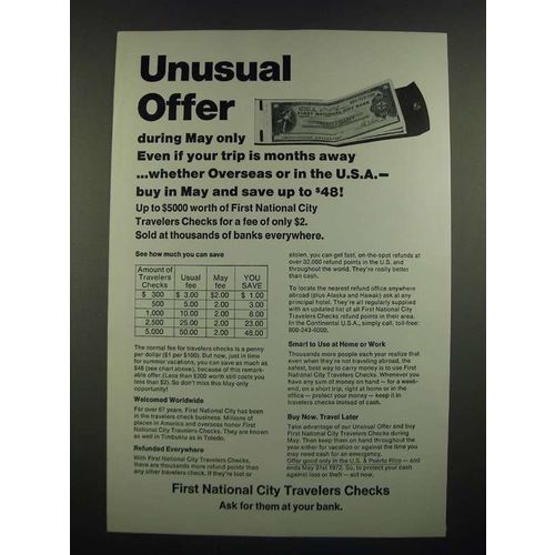 1972 First National City Traveler Checks Ad - Unusual Offer