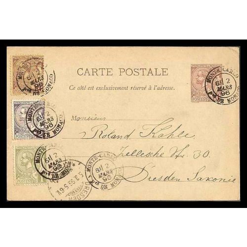 Monaco Postal Card uprated #11-12/#15, 1896 combo to Germany