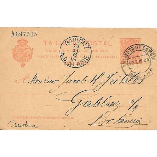 Spain Postal Card 1904 Gablonz to Bohemia, Austria