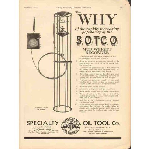 SPECIALTY OIL TOOL COMPANY 1930 SOTCO Mud Weight Recorder vintage ad