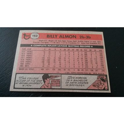 1981 Topps Card # 163 Billy Almon Very Good-Excellent (4) New York Mets