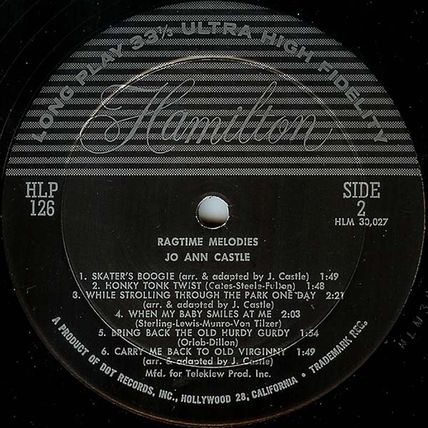 Hamilton mono LP #HLP-126 - Jo Ann Castle - "Ragtime Melodies"