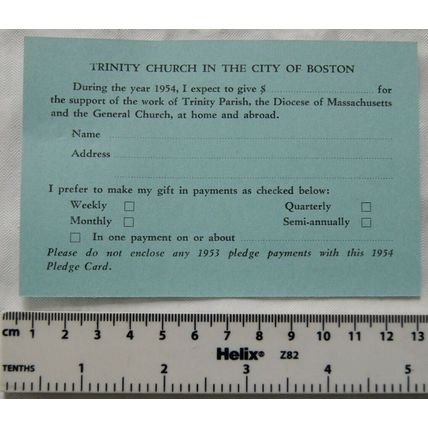 1953 card pledges Trinity Church, Boston, Massachusetts