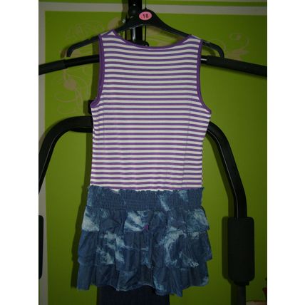 Girl kids white purple striped dress denim look frils size L/XL. 232