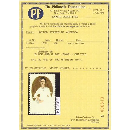 1436a, Mint VF NH 8¢ Black & Olive Colors Omitted Error PFC Cert Stuart Katz