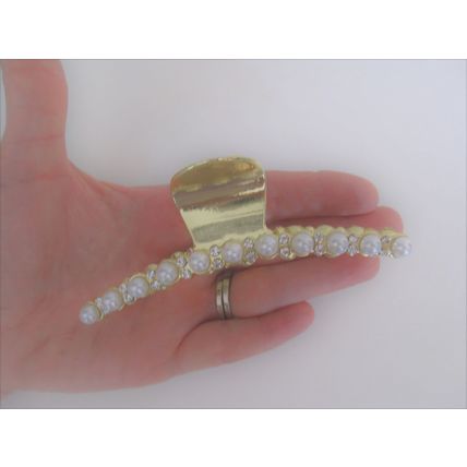 Long large gold metal crystal and pearl hair claw clip