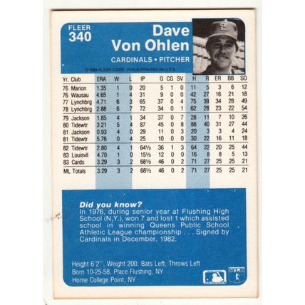 1984 Fleer Dave Von Ohlen baseball rookie card #340 - RC - Cardinals