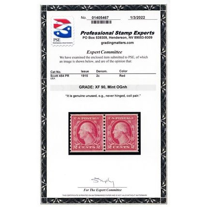 454, Mint XF NH 2¢ Coil Pair - With PSE Certificate - A GEM * Stuart Katz