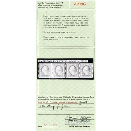 493, Mint XF NH 3¢ Coil Line Strip/4 With APS Certificate - A GEM * Stuart Katz