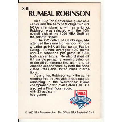 1990-91 Hoops Rumeal Robinson RC basketball card #399- Hawks