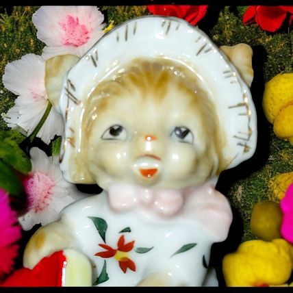 Vintage Japanese Ceramic Adorable Small Cat Wearing Dress & Hat Reading Book