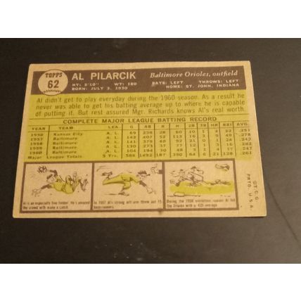 Baseball Card Topps 1960 Al Pilarcik #62 Baltimore Orioles 6.0 EX/MT Condition